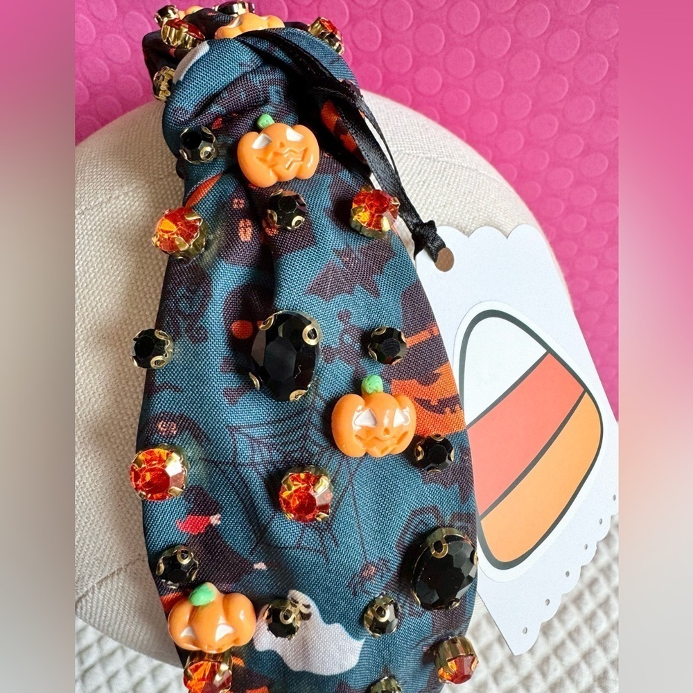 New Halloween Blue w/ Rhinestones Pumpkin Bat Fabric Adult Size Knotted Headband